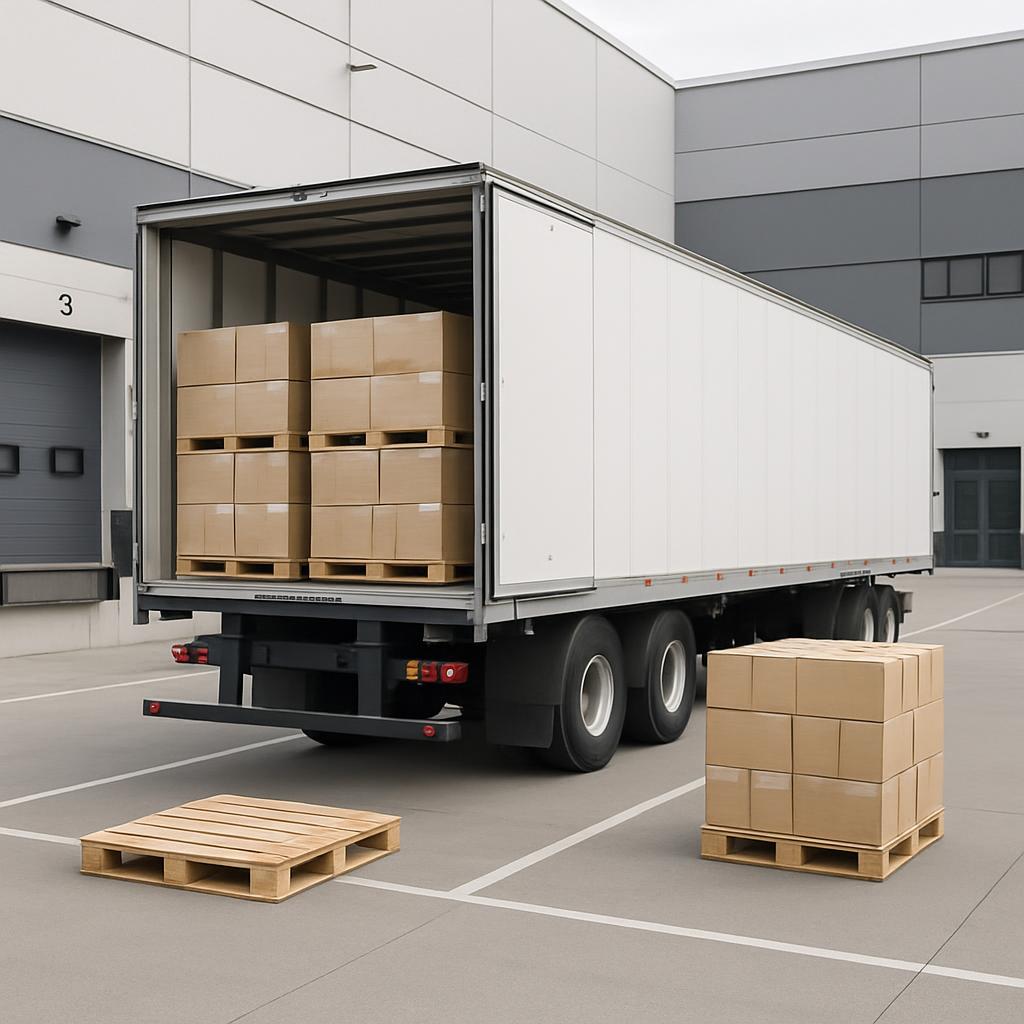 Large white semi-truck is parked in a loading bay with stacks of cardboard boxes and pallets inside and outside the truck.