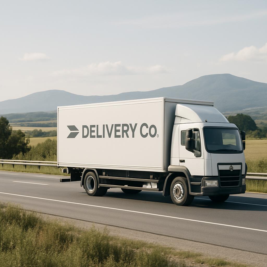 German Die Infografik zeigt ein normales Lastwagen für die Belieferung einer Delivery-Co. Im Hintergrund ist ein Körnigung...